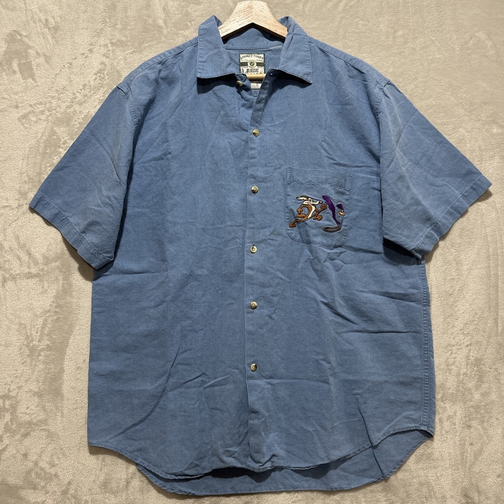 Vintage Looney Tunes Shirt Button‎ Linen Wylie Coyote Road Runner